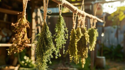 Drying Herbs Strings of herbs hanging to dry in a rustic setting