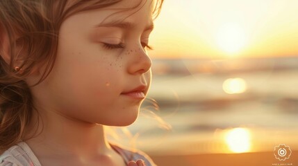 A happy little girl sits on the beach with her eyes closed, feeling the warmth of the sunlight on her face. Her nose wrinkles in a smile as she listens to the water and feels the breeze in her hair