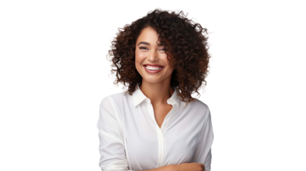 Middle-aged business woman smiling happily isolated on a transparent background
