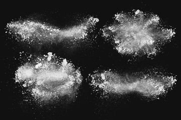 Abstract set dynamic cloud of white dust particles dispersing against black smoke background in explosion. Design element creative collage.