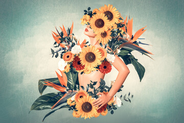 Vibrant sunflower bouquet arranged in a blooming floral human form.