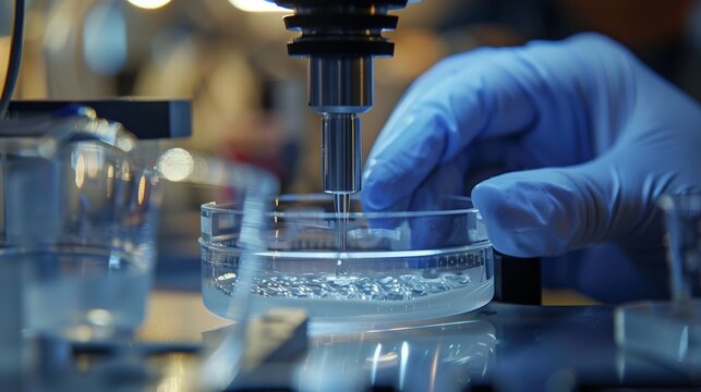 A gloved hand holds a petri dish full of clear liquid up to a microscope.