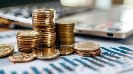 Stack of coins and financial documents on desk
