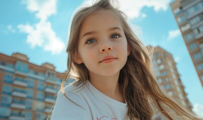 A little girl in the courtyard of an apartment complex. This close-up moment captures the essence of carefree fun under the sun.