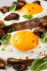 Mushrooms and fried eggs on toast with herbs breakfast