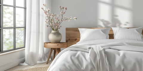 Minimalist Comfort: Modern Bedroom with Neutral Tones, Simple Wooden Side Table, and Vase with Branches