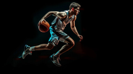 Obraz premium Professional Basketball Player Dribbling on Black Background
