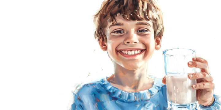The boy is smiling and holding a glass of milk in one hand. White background. The concept for the International Milk Day.