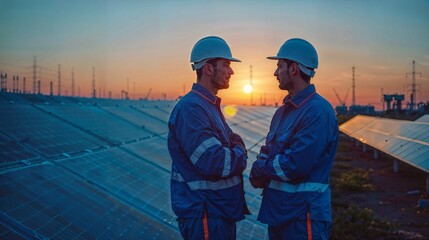 Two engineers are engaged in conversation in the evening, against the backdrop of a solar cell farm