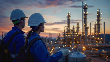 Two engineers engaged in discussion against the backdrop of an oil refinery, power plant, and the setting sun