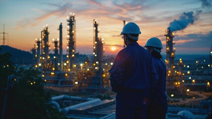 Two engineers engaged in discussion against the backdrop of an oil refinery, power plant, and the setting sun