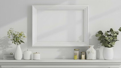 Displaying Art: White Frame on Mantle with Empty Space. Concept Minimalist Decor, Gallery Wall Inspiration, Interior Design Ideas
