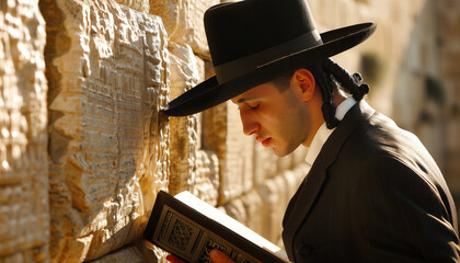devout Jewish man reads prayers from book at Western Wall, displaying devotion in spiritual moment. Engaging in religious rituals: man deep in prayer demonstrating faith and piety in sacred setting