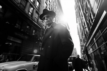 Mysterious Urban Noir: A man in fedora walks through vintage cityscape, evoking ambiance of classic film noir. Dramatic lighting and shadows enhance the cinematic feel and sectert sky agents legends