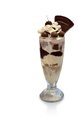 Chocolate and coffee flavored ice cream in a glass cup on white background, food, dessert, eat, diet, copy space