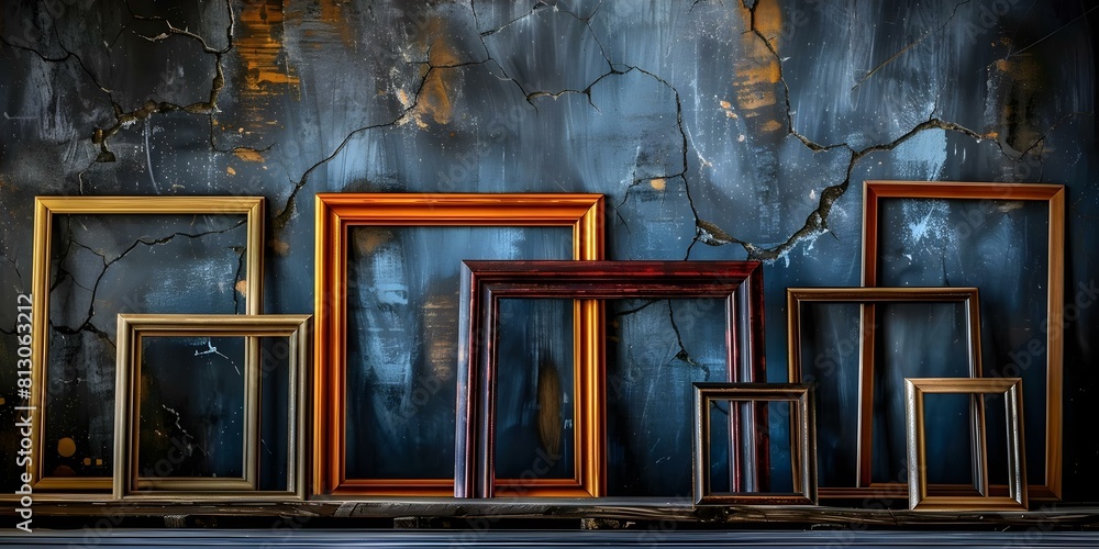 Poster empty wooden photo frames set for realistic image display background. concept photography, empty fra