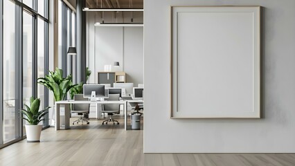 Mockup of empty white picture frame on modern office wall. Concept Mockup, Empty picture frame, White, Modern office, Wall