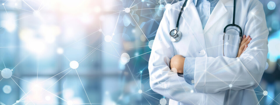 Doctor with stethoscope and digital network symbolizing healthcare