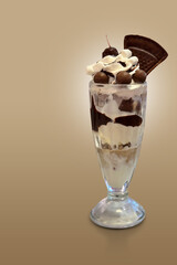 front view coffee flavored ice cream in a glass cup on brown background, food, dessert, eat, diet, ice, copy space