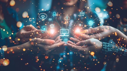 Businesswomen collaboratively shaping the future with their hands holding innovative icons representing teamwork, strategy, and achievement. 8k,