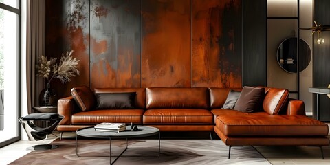 Masculine interior design featuring brown leather furniture with a rugged aesthetic. Concept Masculine Design, Brown Leather Furniture, Rugged Aesthetic, Interior Decor