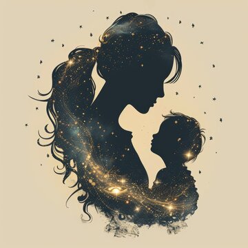 starry silhouette of a woman with hair flowing, wrapping around an infant with Santino Azarias Foundation is a cursive script