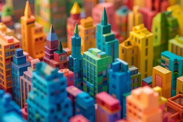 Vibrant closeup image of a multicolored miniature model city with detailed buildings