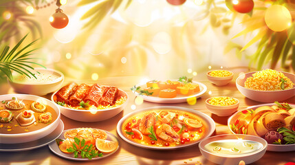  Top view of delicious food for reunion dinner in anime style imaginative delightful  heartwarming vibrant lively