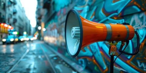 Orange megaphone in urban alleyway against graffiti wall with passing cars. Concept Urban...