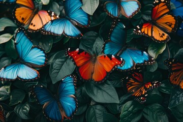 Stunning array of colorful butterflies perched on green leaves