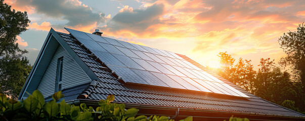 A detail of the solar elektric pannels on the roof at house, Modern and low energy concept of the houses.