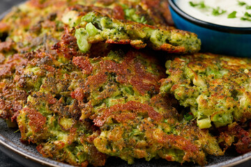 Fried Broccoli fritters or pancakes with parmesan and mozzarella cheese