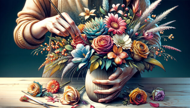 Artisan Arranging a Colorful Bouquet of Flowers on a Wooden Table