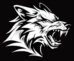 A black and white vector logo of the head of an angry wolf with its mouth open showing its teeth