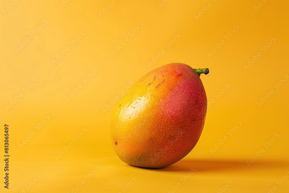 Poster a ripe mango sits on a yellow background with a copy space