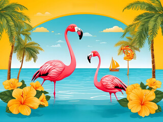 Summer holiday greeting vector design. Hello, summer text in yellow pattern background design with beach and flamingo in sunglasses reflection for tropical season greeting. Vector illustration