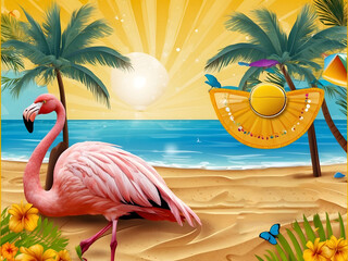 Summer holiday greeting vector design. Hello, summer text in yellow pattern background design with beach and flamingo in sunglasses reflection for tropical season greeting. Vector illustration