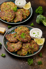 Fried Broccoli fritters or pancakes with parmesan and mozzarella cheese