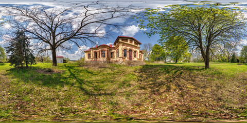 seamless spherical 360 hdri panorama near old abandoned historic palace or homestead in equirectangular projection