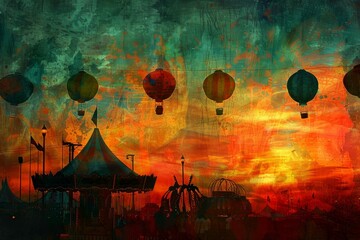 Naklejka premium Artistic depiction of a whimsical carnival at sunset with colorful hot air balloons