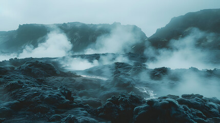 A photo of geothermal steam vents, with rocky terrain as the background, during a foggy evening - Powered by Adobe