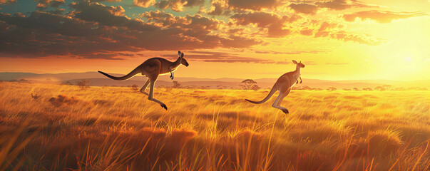 A several kangaroo hopping in the wild land with sunrise in the background , animal theme.