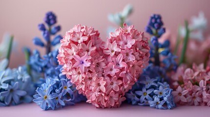 Obraz premium A voluminous heart with hyacinth flowers on a pink background, a banner for celebration