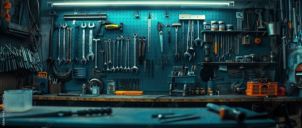 Poster workshop scene. old tools hanging on wall in workshop. tools in a bike mechanic workshop.