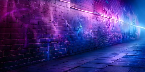 Surreal Scene: Brick Wall Covered in Graffiti with Neon Lights. Concept Urban Landscape, Street...