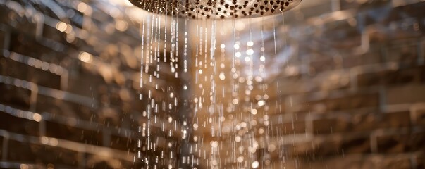 A close up of the rain shower head streaminf the water. Rainshower modern design.
