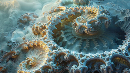 mesmerizing fractal landscape, where intricate patterns repeat infinitely, drawing viewers into a hypnotic trance