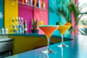 Vibrant cocktails garnished with citrus fruit on a bright bar countertop, with a tropical vibe