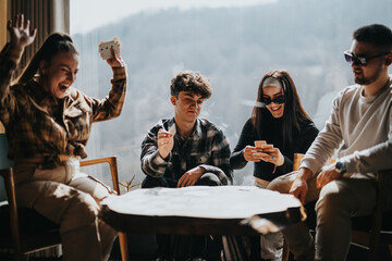 A group of friends enjoy a lively game of cards, showing laughter and engagement in a cozy home...