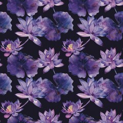 lotus, purple, lotus leaf, fashion, watercolor, fabric pattern, seamless, textile, black background